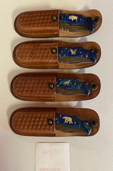 Knife-Medium Zebra Wood & Bone Folder Damascus W/Sheath