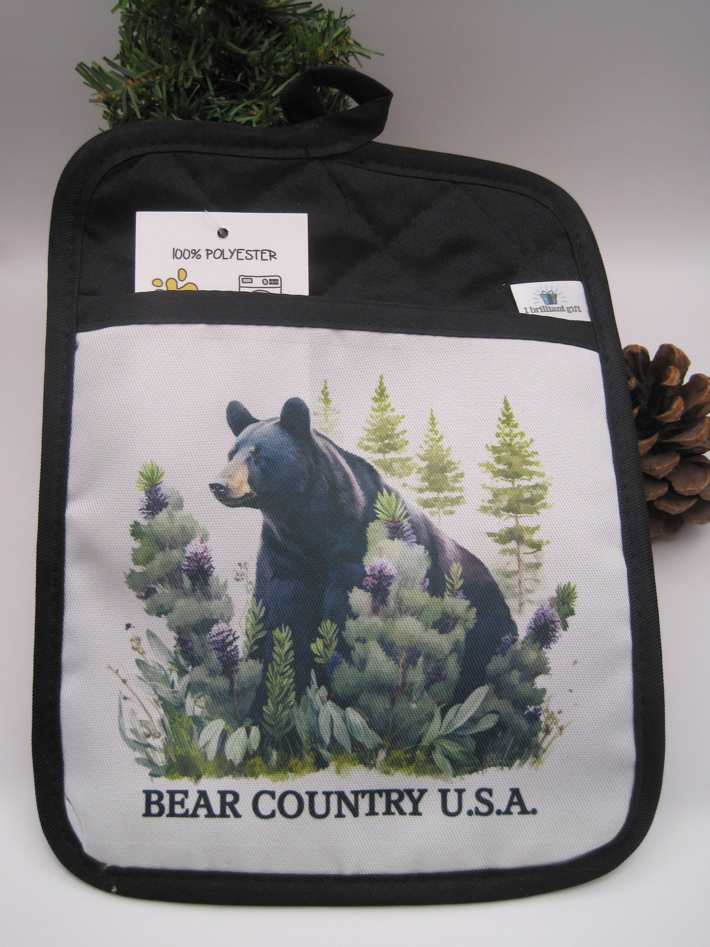 Pot Holder- Black Bear In Woods Purple Flowers, Pocket