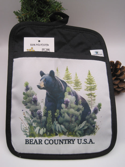 Pot Holder- Black Bear In Woods Purple Flowers, Pocket