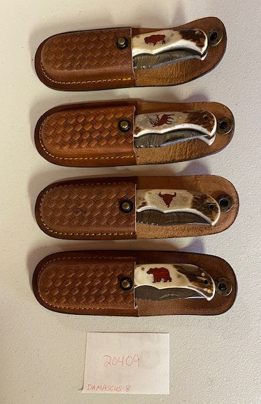Knife-Medium Antler Folder Damascus  W/Sheath