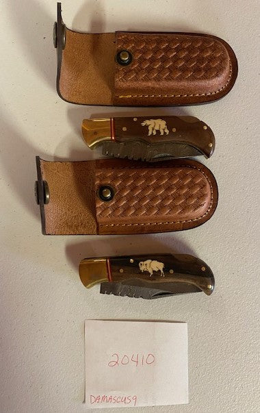 Knife-Medium Wood & Bone Folder Damascus  W/Sheath